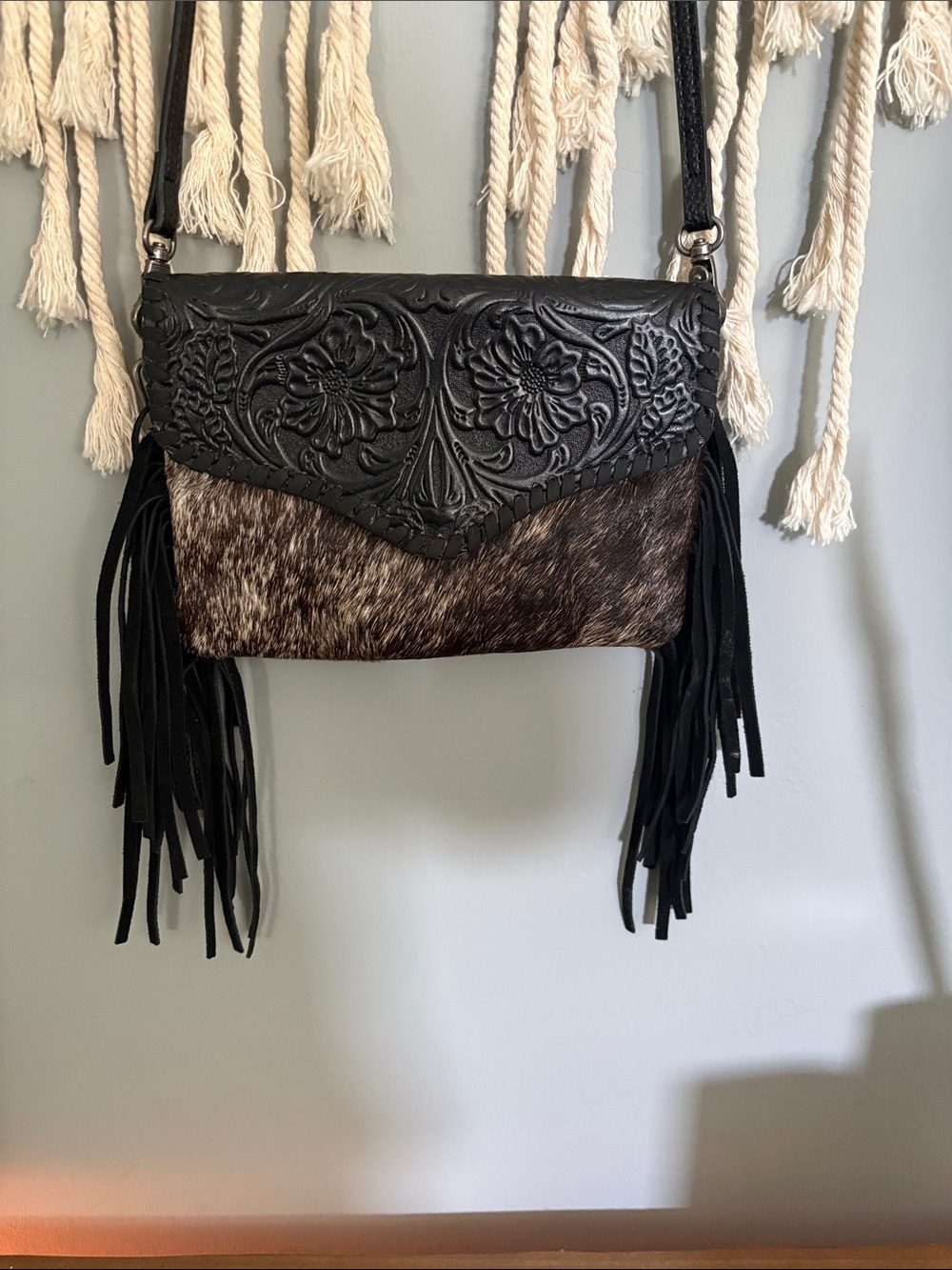 Black Tooled Leather & Brown Hair-on Hide Fringe Crossbody Bag